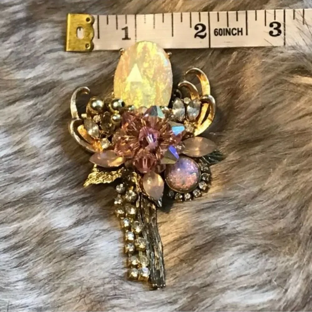 Pink Faux Opal and Gold Beaded Brooch Pin